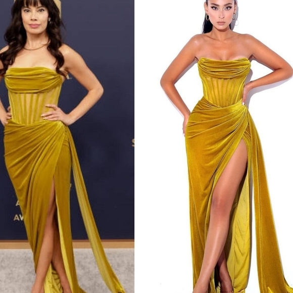 Cheap Miss Circle Priya Gold Draping Corset High Slit Velvet Gown - Official Site - Miss Circle 